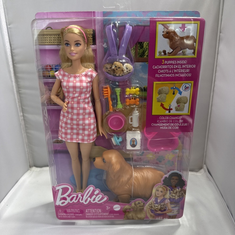 Barbie Newborn Pups Doll & Pets Playset Mattel HCK75 New in Box